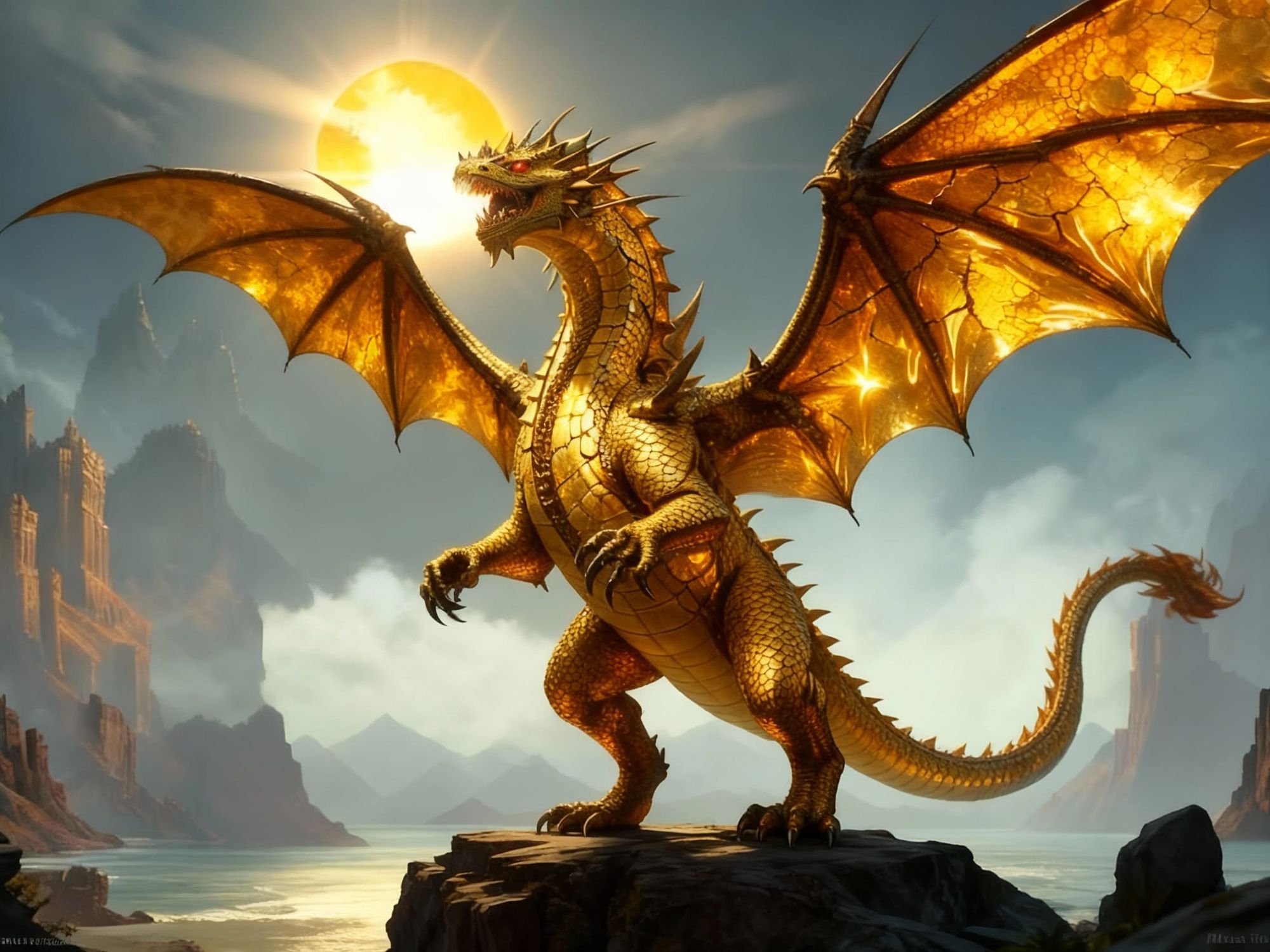 Fantasy, d&d, concept art, detailed, high quality, artstation, dragon, (sun dragon), magic, power of the sun, ancient dragon