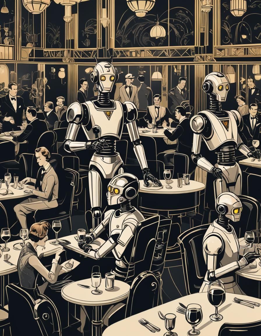 Art Deco restaurant. Anthropomorphic robots at the tables