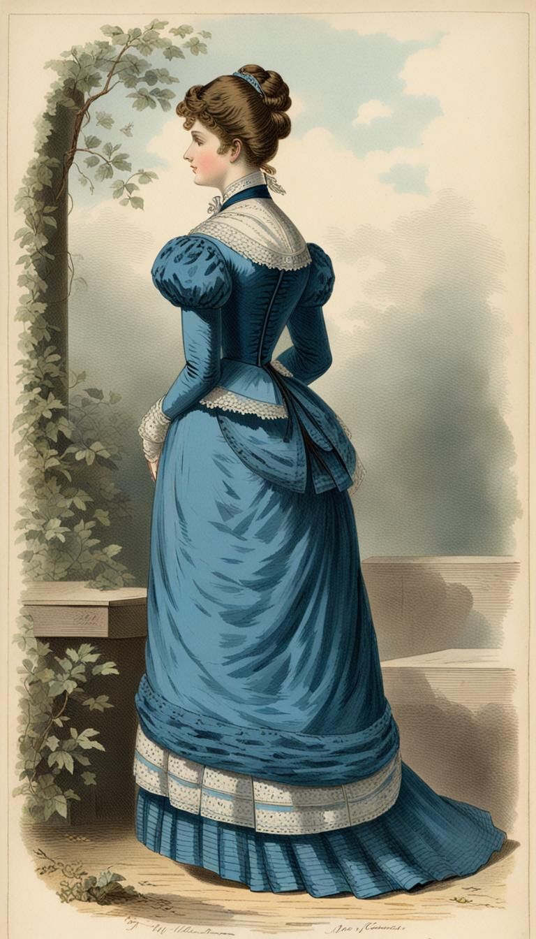 Victorian young woman wearing blue dress. THe skirt thrusts ...