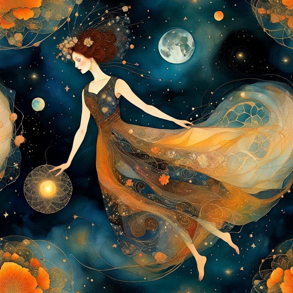 Ethereal Woman in Flowered Dress Amidst Cosmic Nebula