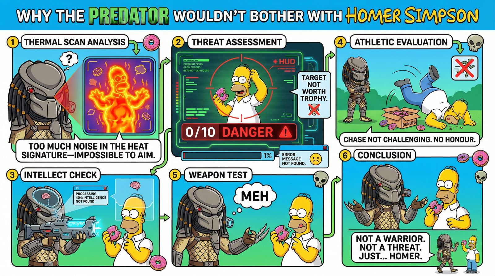 Predator Avoids Homer Simpson Infographic in Cartoon Style