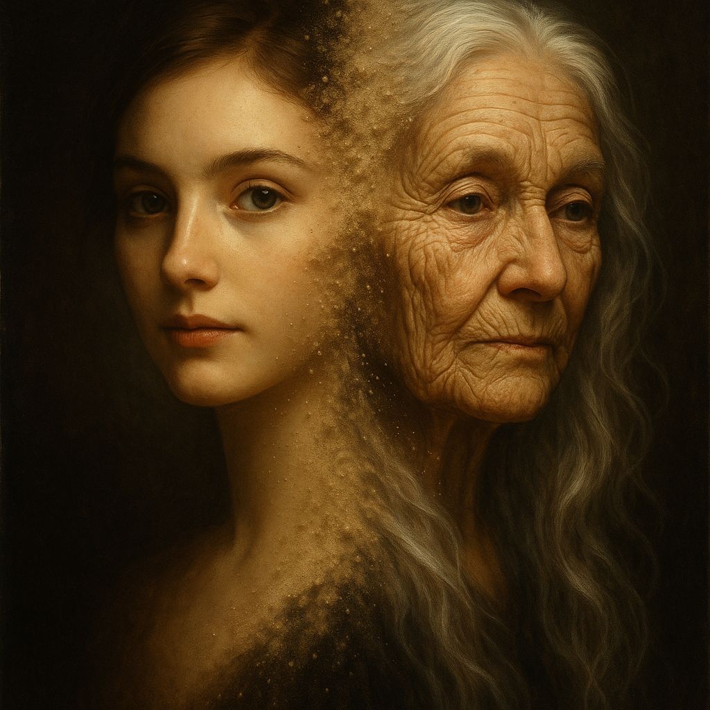 Surreal A4 split portrait of the same woman at two stages of life. Left side: young woman ,soft glowing ...  by @evinrude