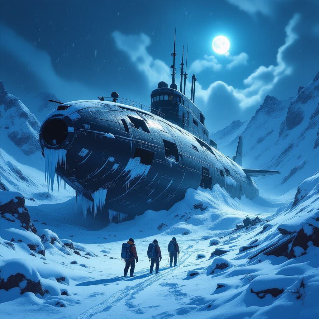 A dramatic frozen survival scene: a massive, abandoned atomic submarine wreck half-buried in snow and ice, lodged in a desolate mountain pas...