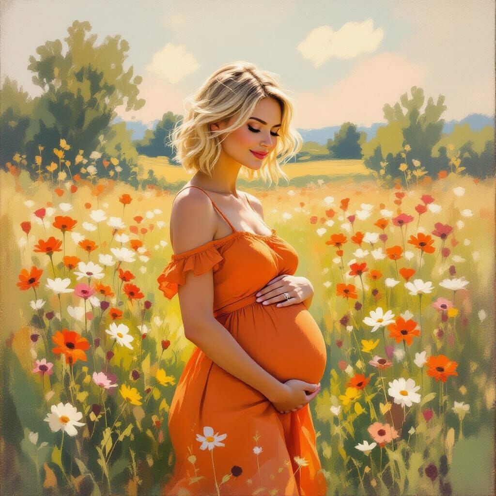 Pregnant Woman in Field, Impressionist Style