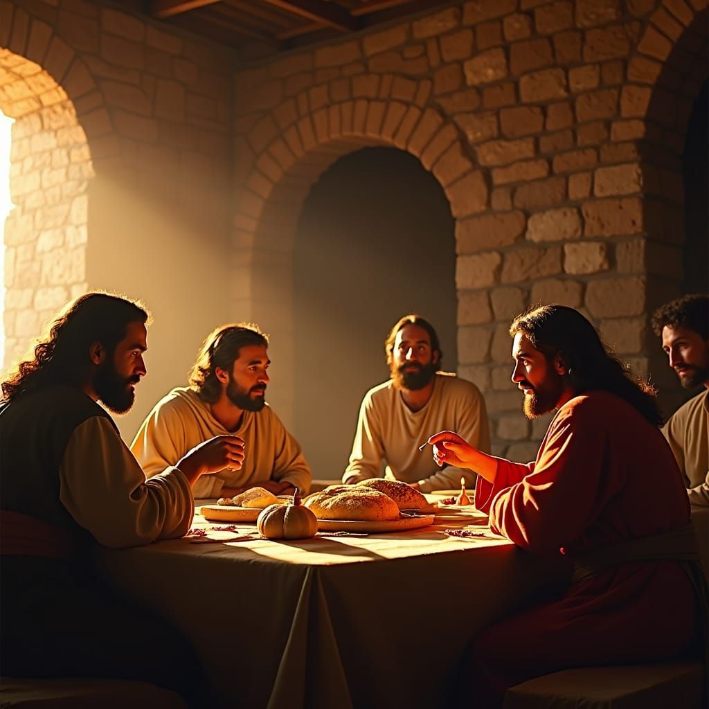 when jesus breads a loaf of flat bread in two, he is recogni...
