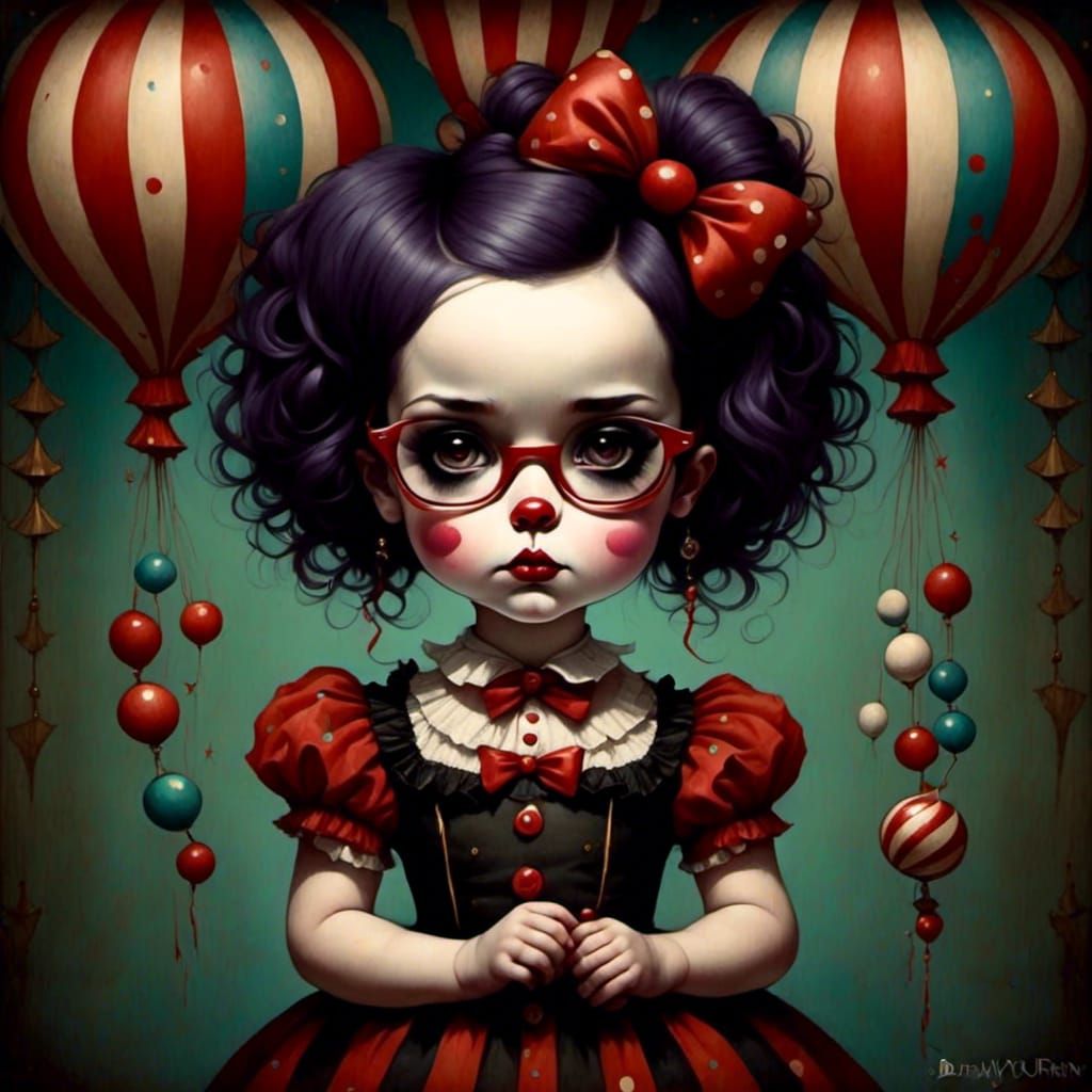 <lora:golly:1.0> Little goth circus clown mark ryden