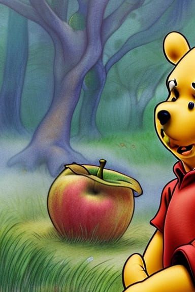 Single Winnie the pooh with apples 8k resolution intricately...