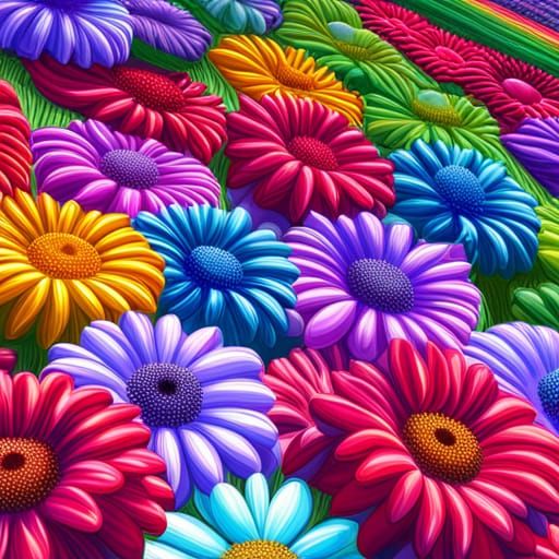 rows of big colorful daisies optical illusion Candy art style ...