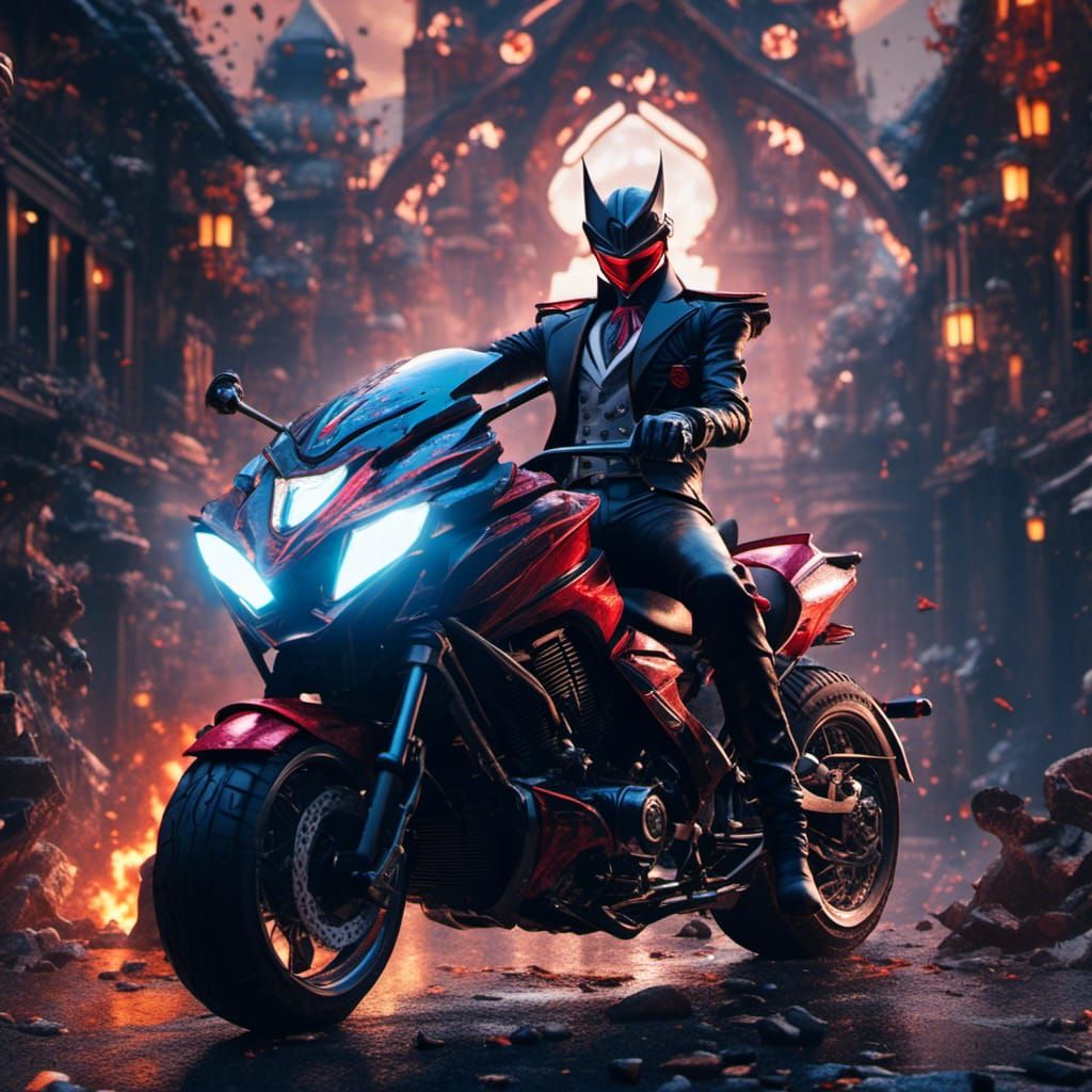 <lora:Experiment 2:1.0> Tuxedo Mask wearing leather bikers g...
