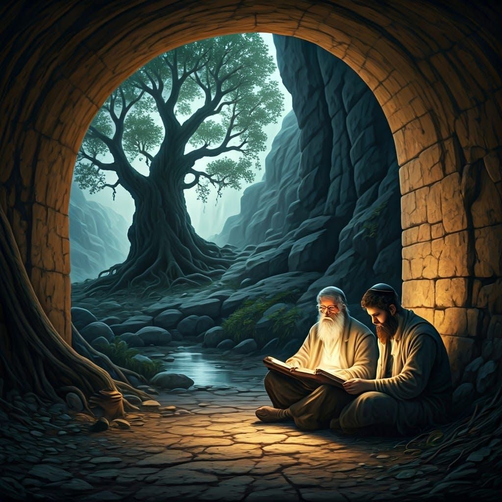 Jewish Scholars in a Serene Cave Study