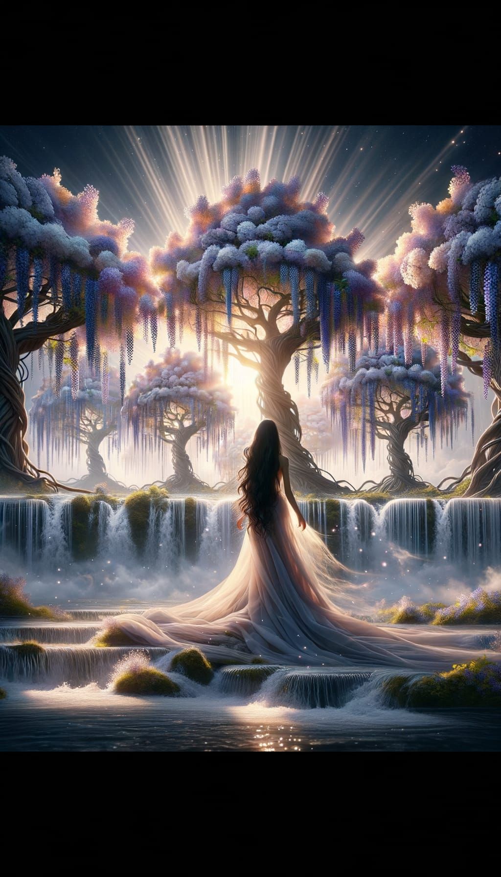 a woman with long black hair Wisteria vines draping elegantl...