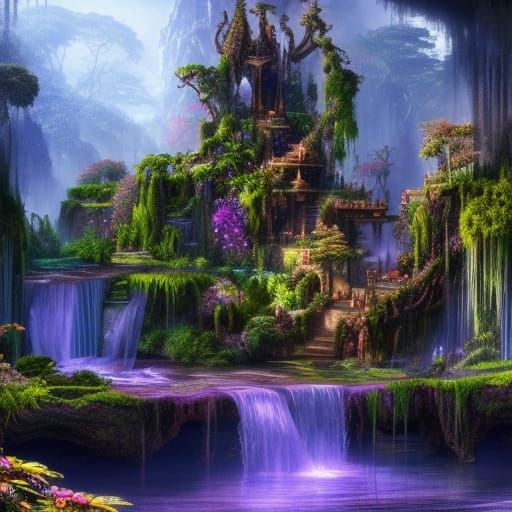 A Very Detailed Stunningly Beautiful Magical Waterfall Garden With A ...