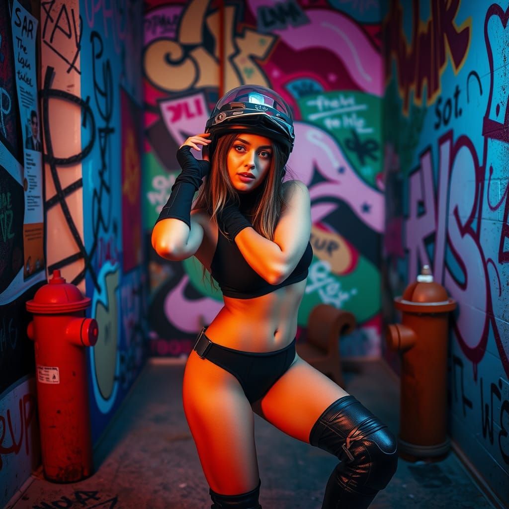 a woman wearing a helmet and knee pads, posing in a stylized...