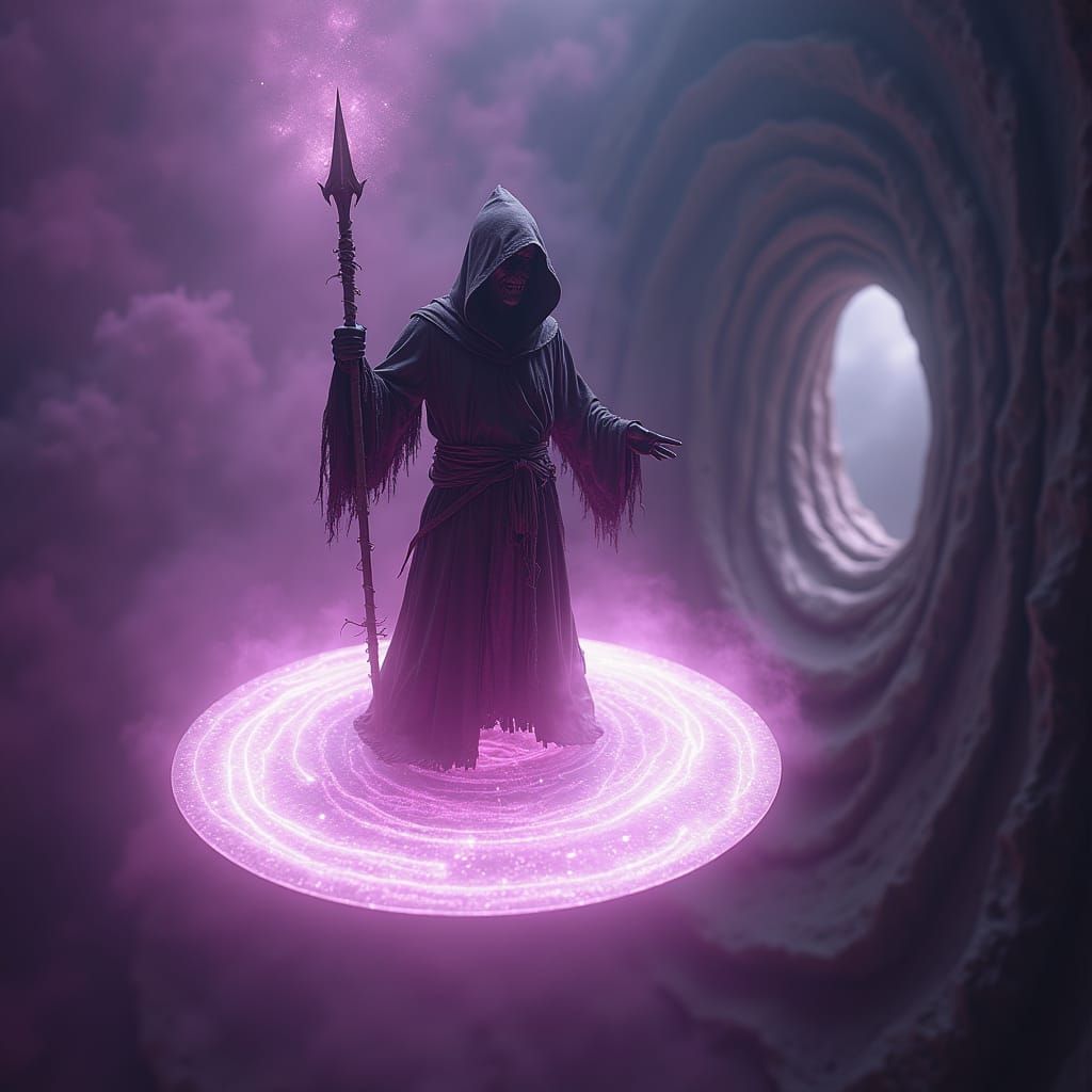 Helmed horror armed with a pike rides on a thin magical disc of pure force as it flies through the purplish nebula void of the astral sea to...