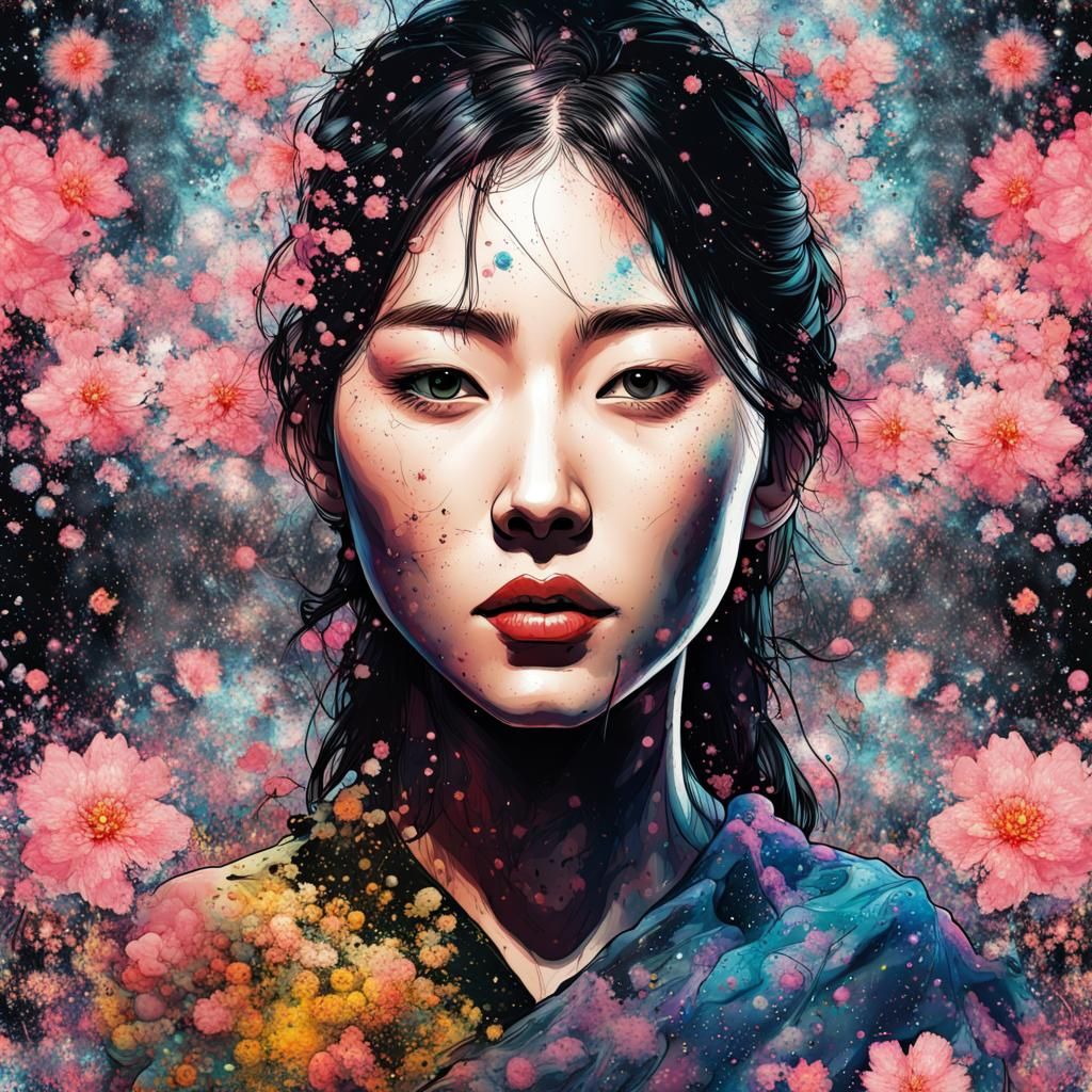 Japanese blossom Ink Splatter Digital ink drop splash fantasy portrait