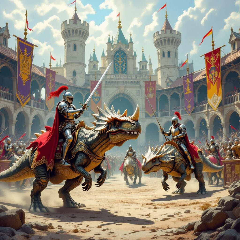 A medieval kingdom where knights ride dinosaurs instead of horses, a jousting tournament with armored triceratops and velociraptor squires, ...