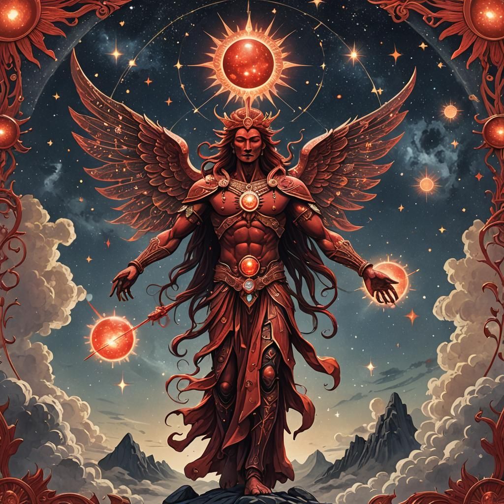 Amighty Red sun Deity of the cosmic constellation Zodiac wit...