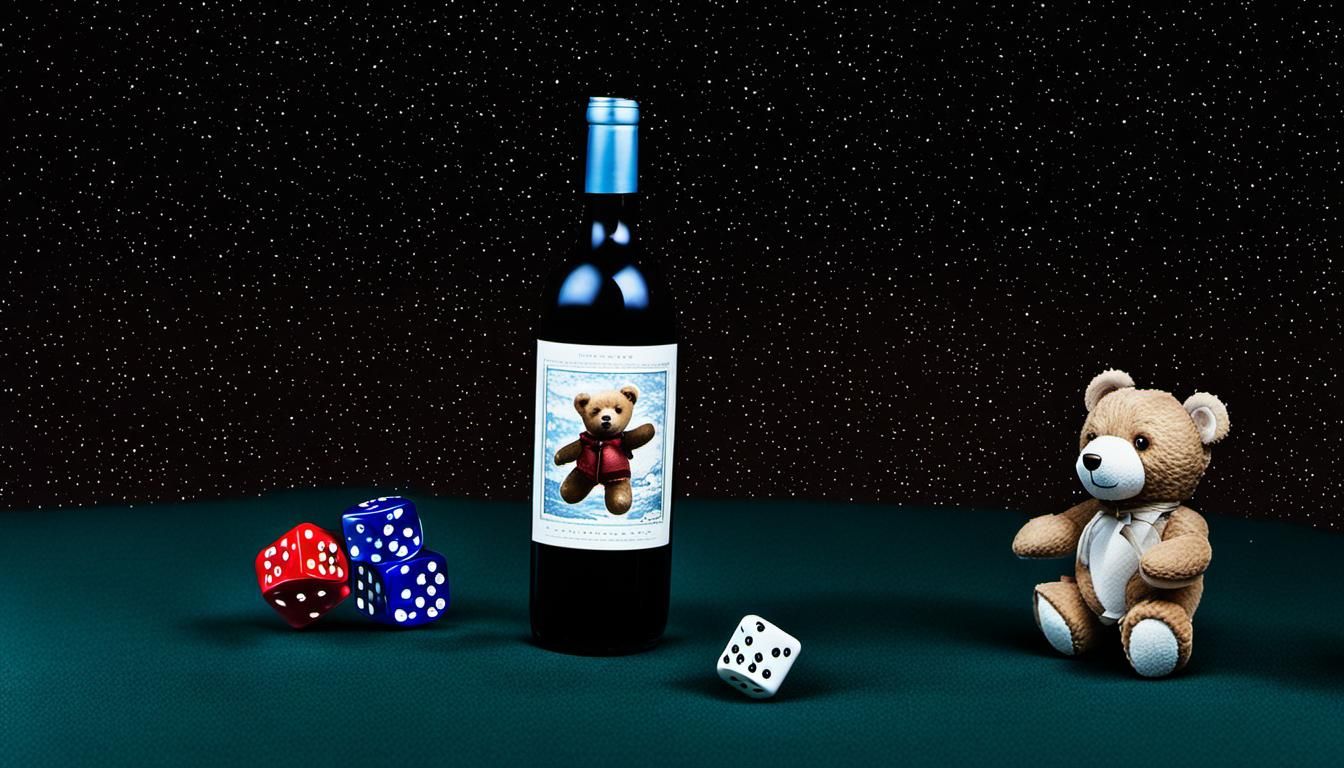 Floating in space - a teddy bear, and empty wine bottle and ...