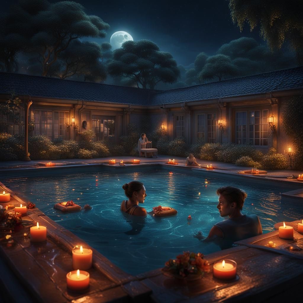 A man and a woman in an outdoor swimming pool at night the pool is surrounded by lit candles and has ...  by @Sam H