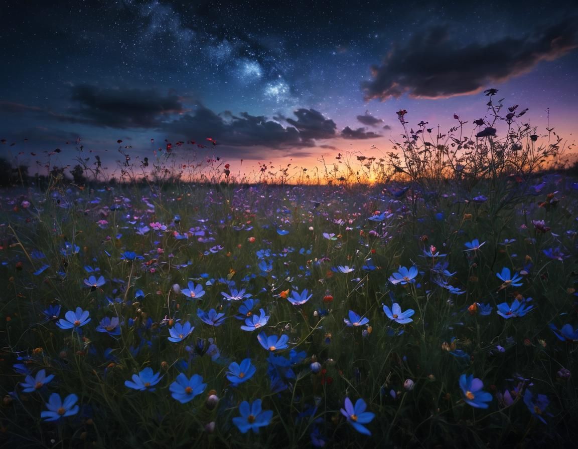 Dark Oil Grunge Style, A meadow of wildflowers under a twilight sky, with the flowers glowing faintly in hues of violet and indigo. The sky...