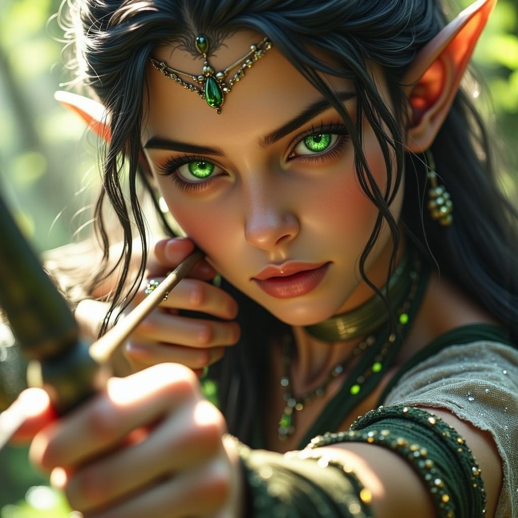 A hyperrealistic portrait of a beautiful young female elf drawing a bow and arrow in the style of <lora:Fantasy:1.0> 