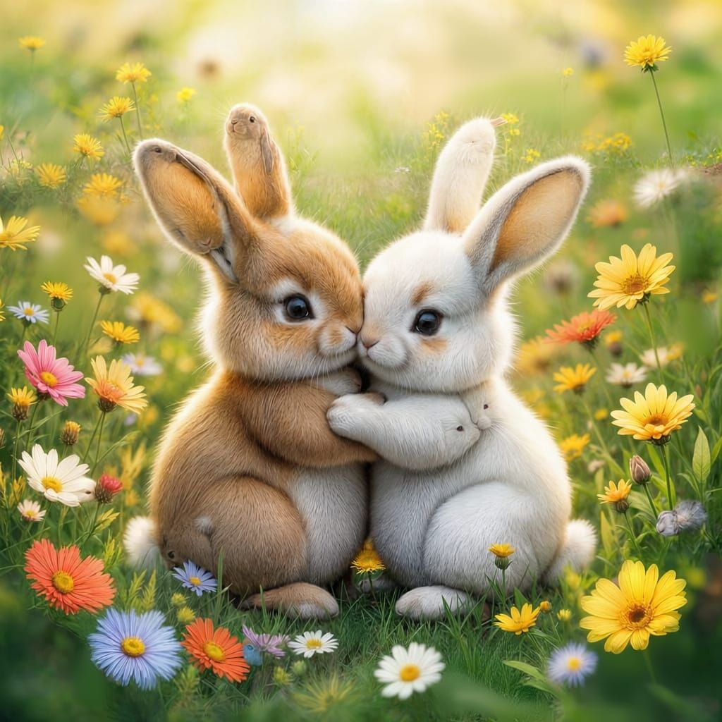 2 bunnies hugging each other in a flower patch 