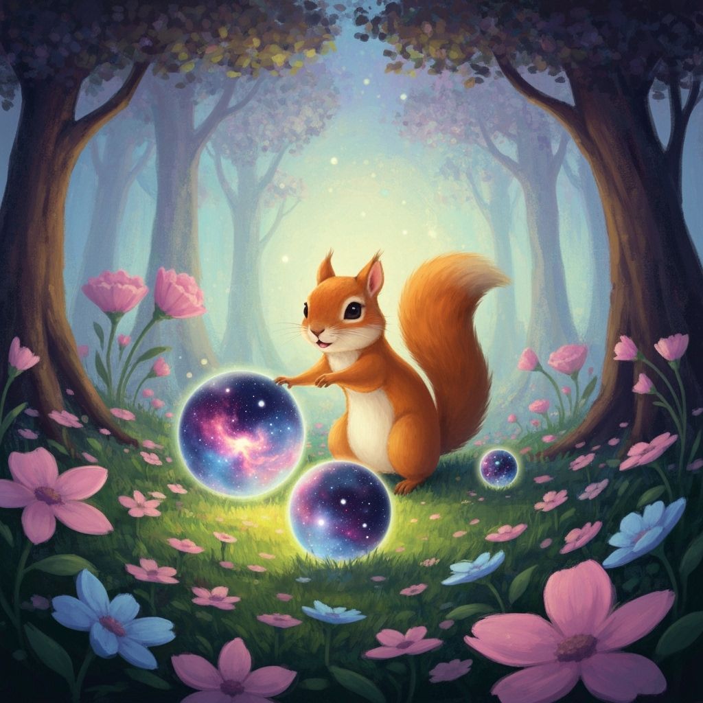 A squirrel plays with orbs