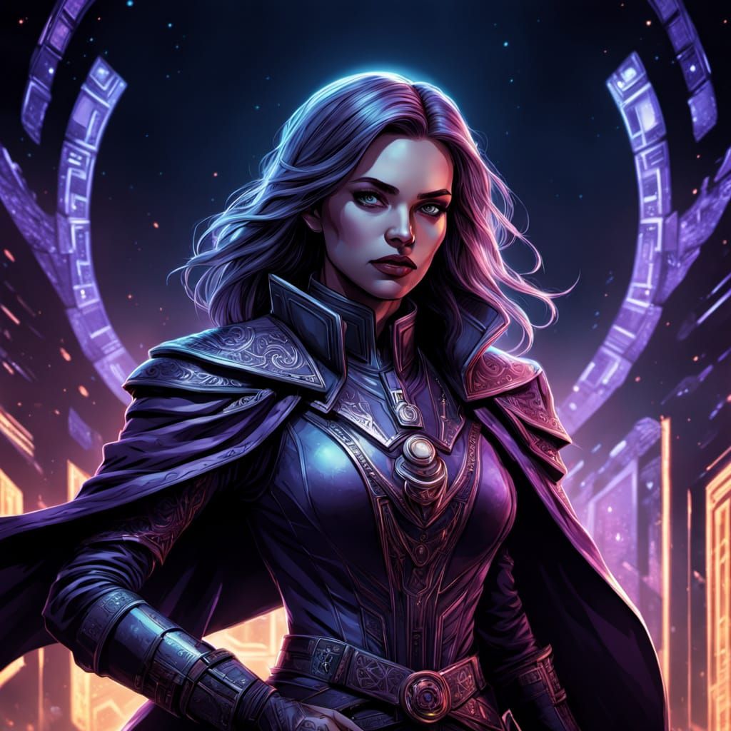 science-fiction wide shot of young woman hacker Sorceress purple/gold outfit inside computer server room 