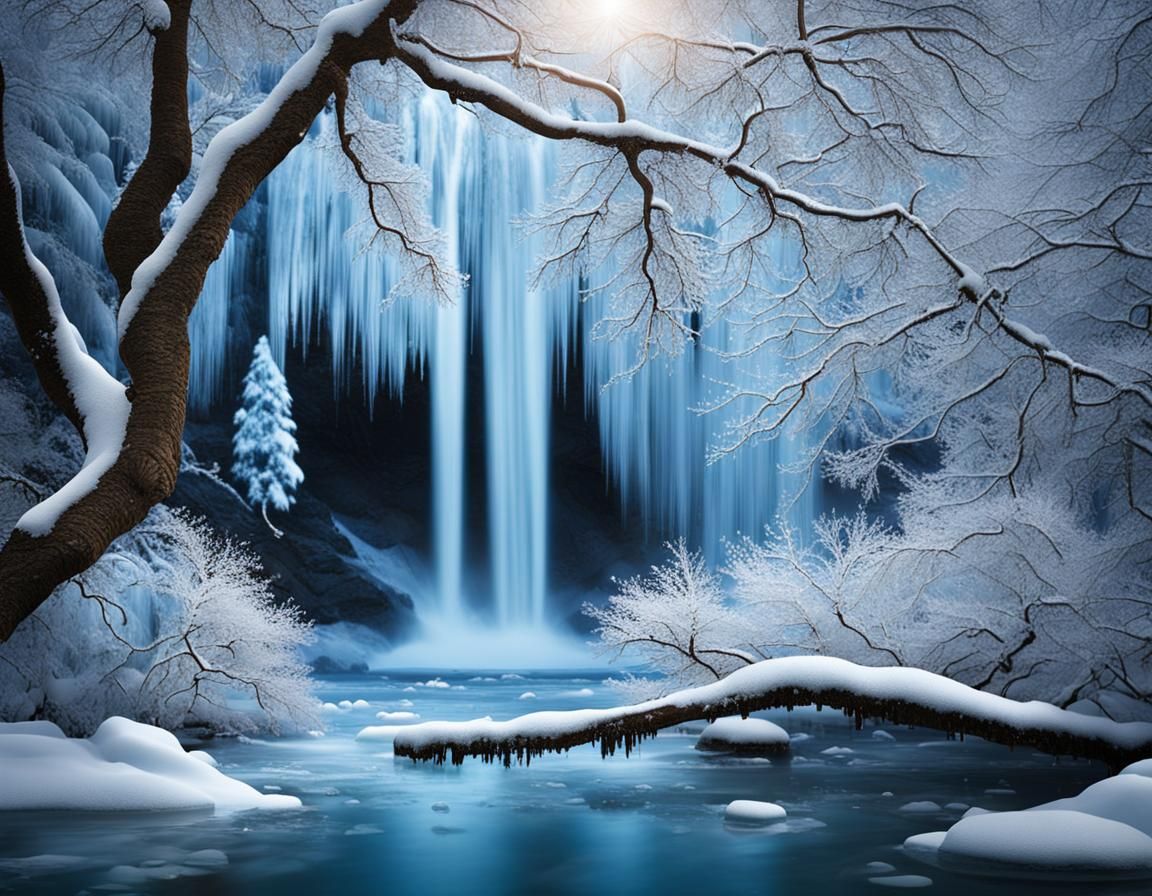 Lush waterfall scene inside water drop falling from an ice c...