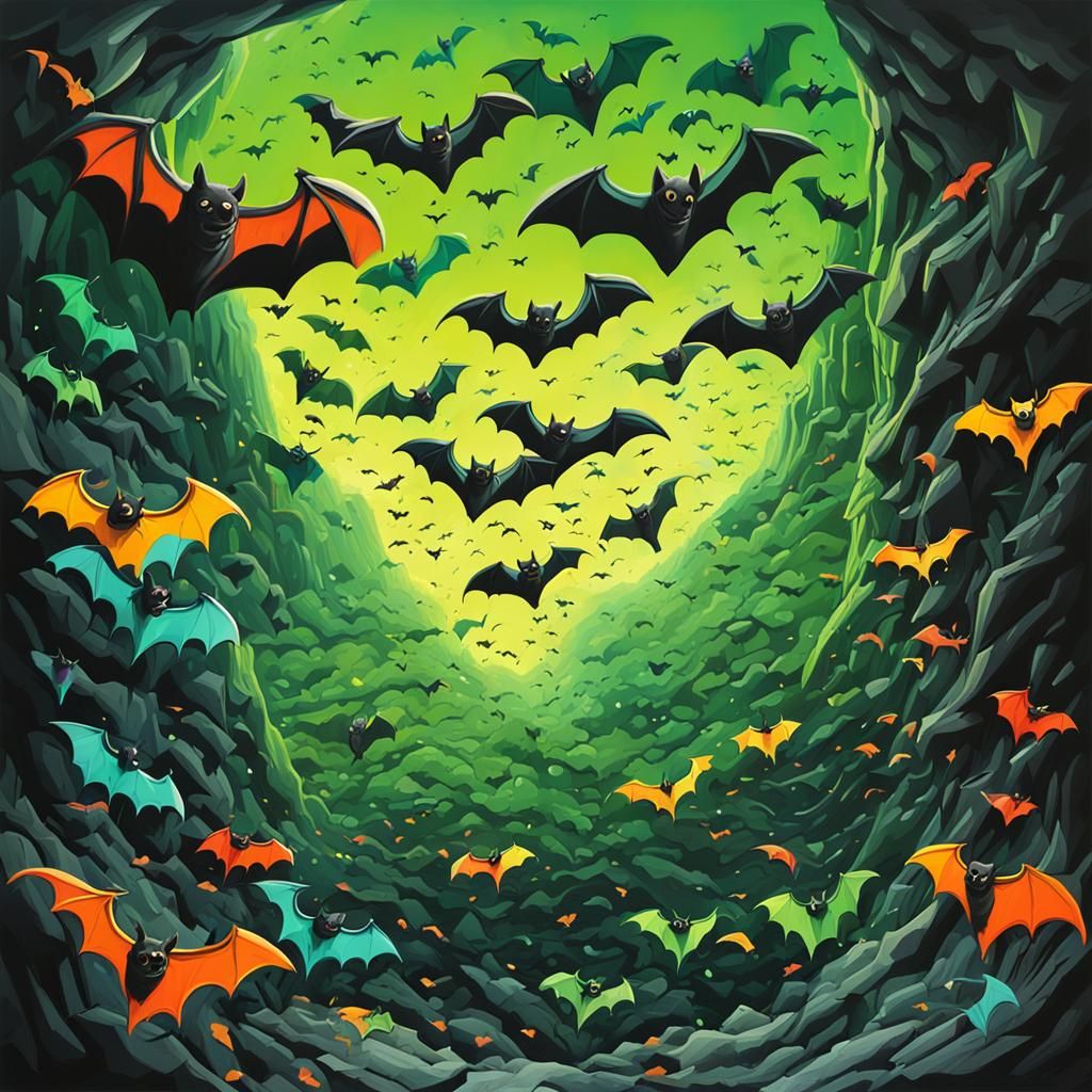 Thousands of bats flying out of a cave into a light green sk...