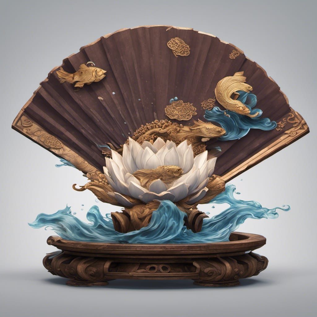 Fan, lotus, fish, water splashes, wooden, oriental