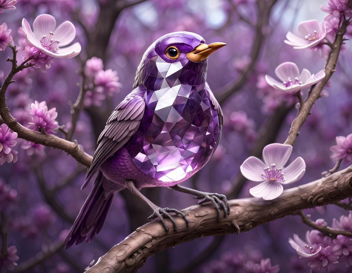 beautiful glass crystal amethyst bird perched on a blossom tree branch, in the forest in the style of ...  by @Kindly Offer
