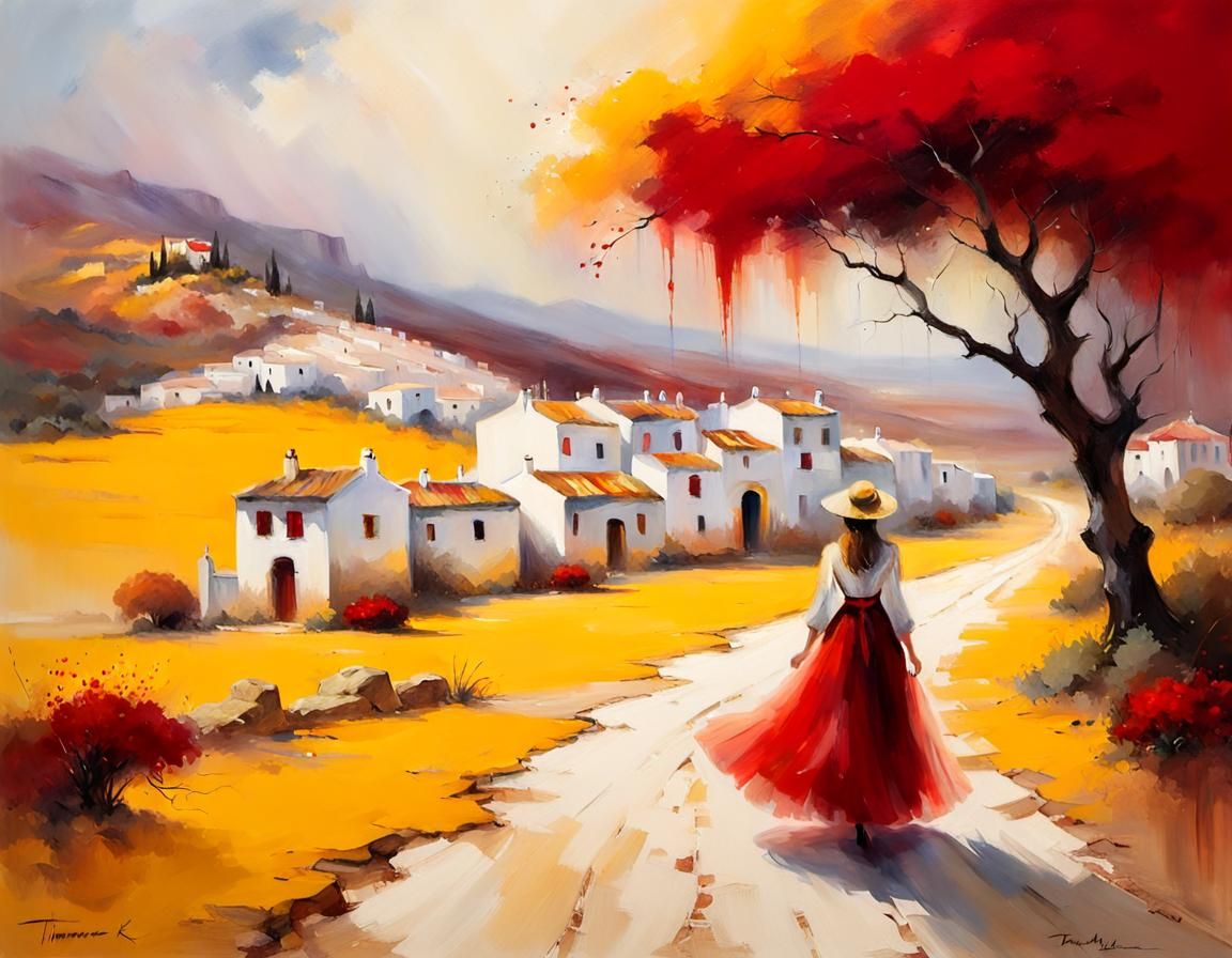 Woman wearing tulle dress walking in Spanish ethereal fantasy landscape with red and yellow touch  by @Fokje