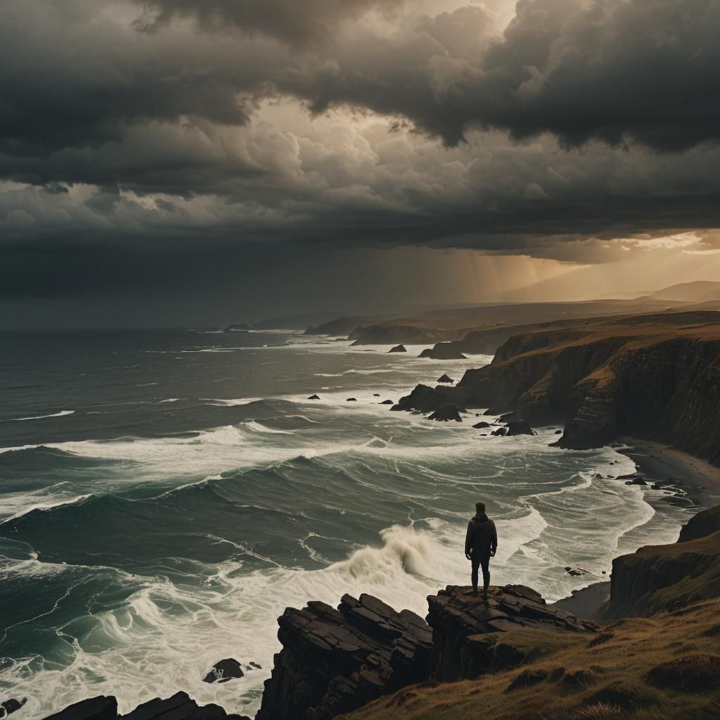 Dramatic Cliffside Figure Overlooking Stormy Ocean