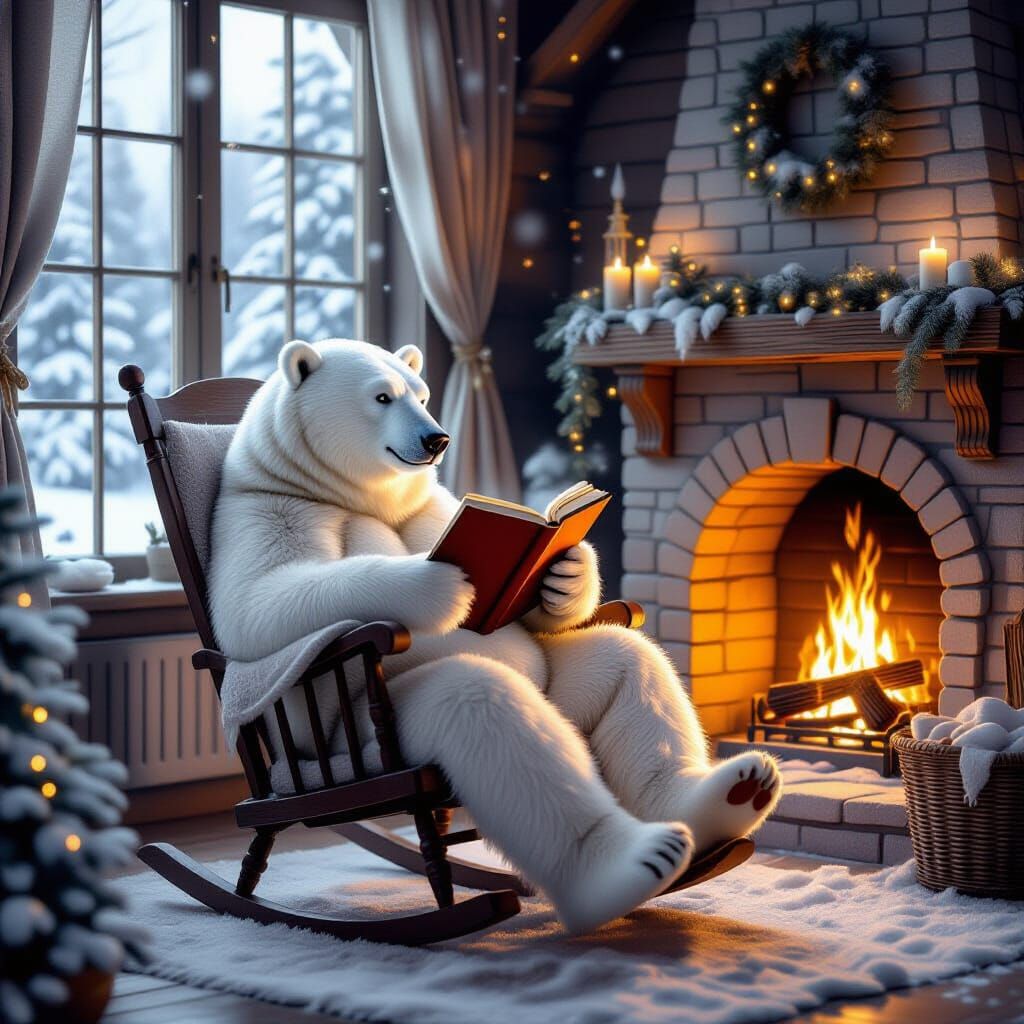 watercolor, ein Eisbär sitzt gemütlich in seinem Schaukelstuhl und liest ein Buch vor dem Kamin  by @gabi2