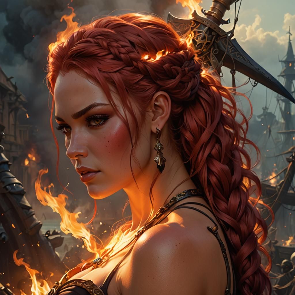 High Fantasy epic beautiful pyromancer pirate, red braided hair, evil ...