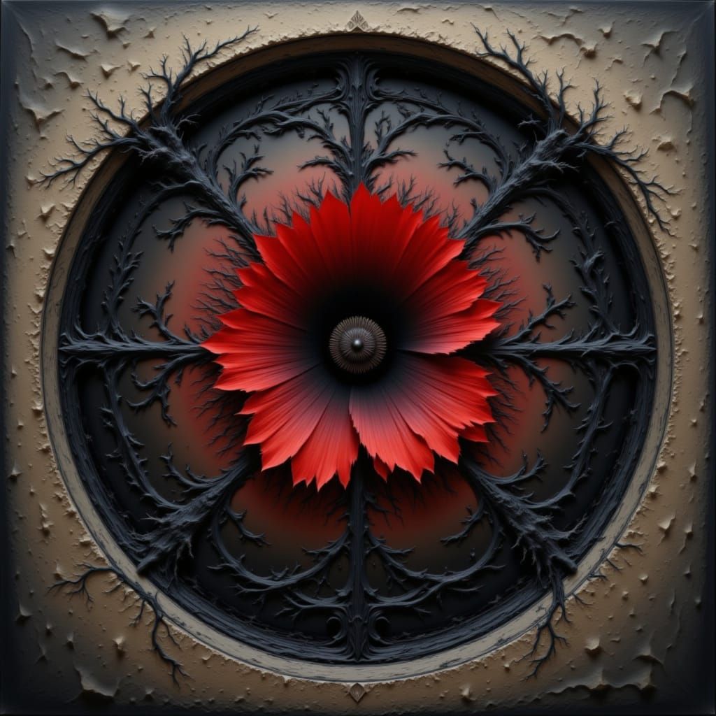 <lora:A Circle Unbroken:1.0> a circle unbroken around an eerie <lora:Black-Red Textures:1.0> Dali black and red M.C. Escher stone texture su...