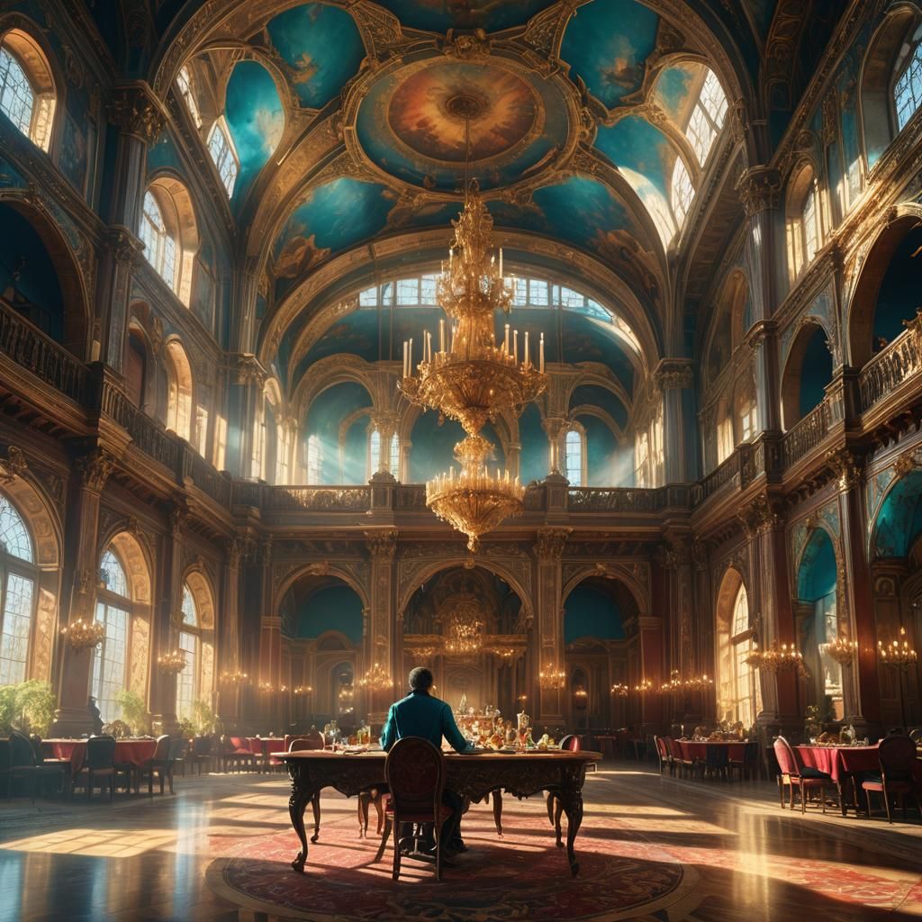 Solitary Feast in Ornate Baroque Hall