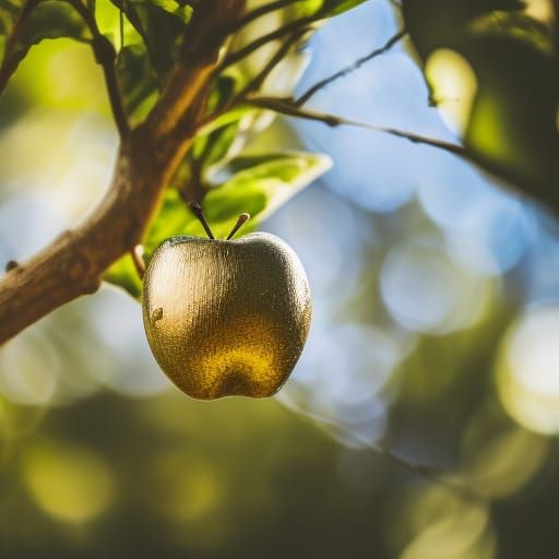 A hyperdetailed close up on a gold apple on a tree