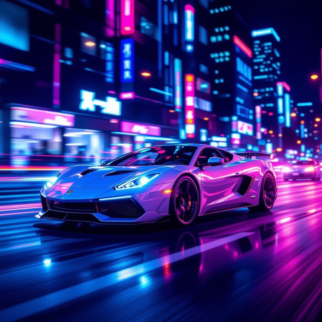 Fast Sports Car Speeds Down Neon City Street at Night
