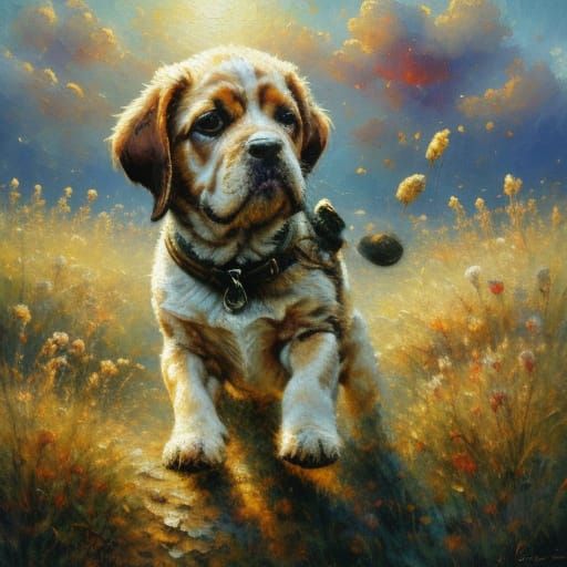 Cute Dog Puppy Oil Painting with Thick Brush Strokes