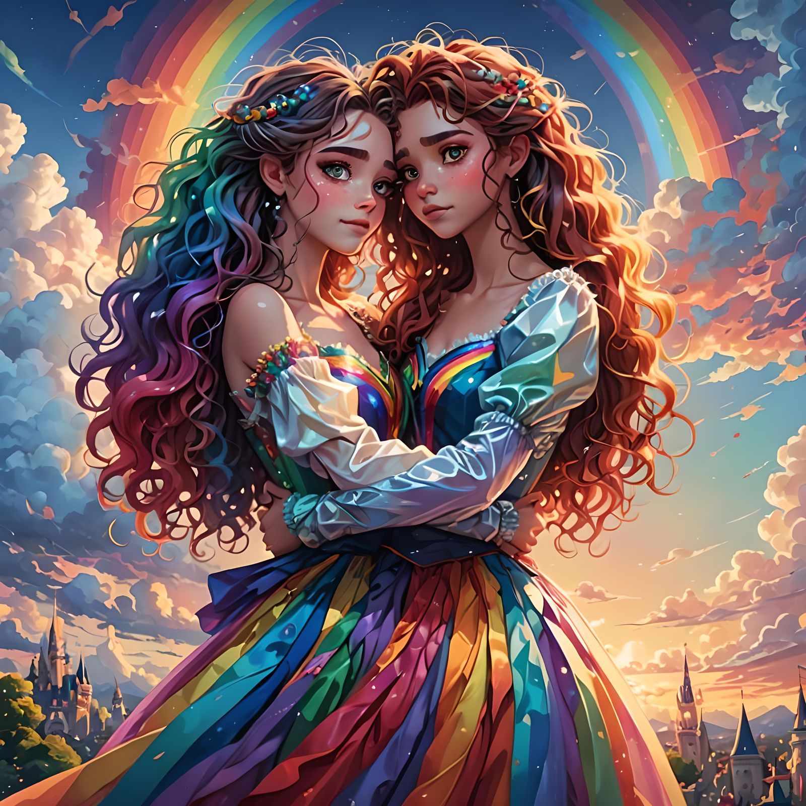 Two women standing next to each other, holding each other, e...