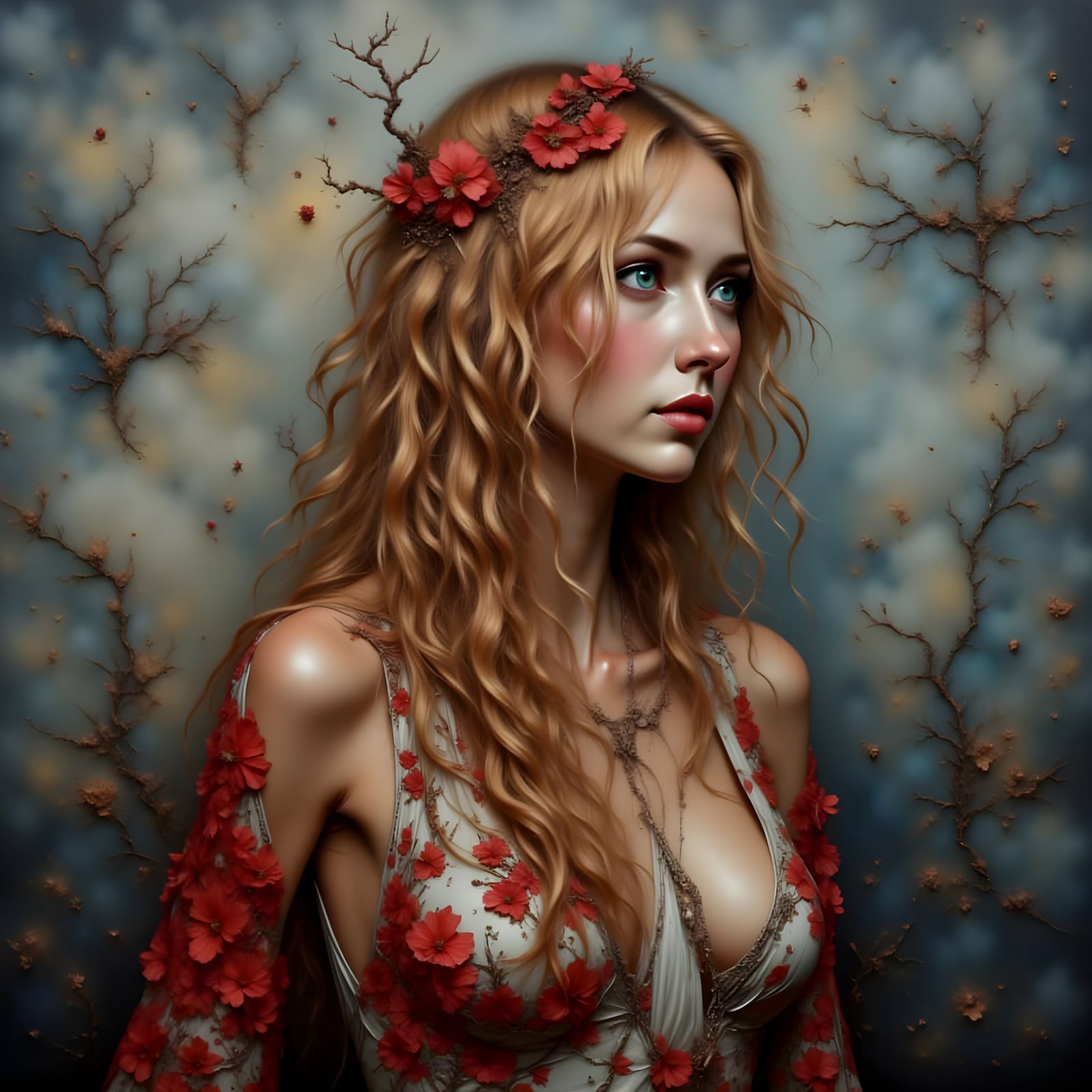 Blond woman of the red flowers
