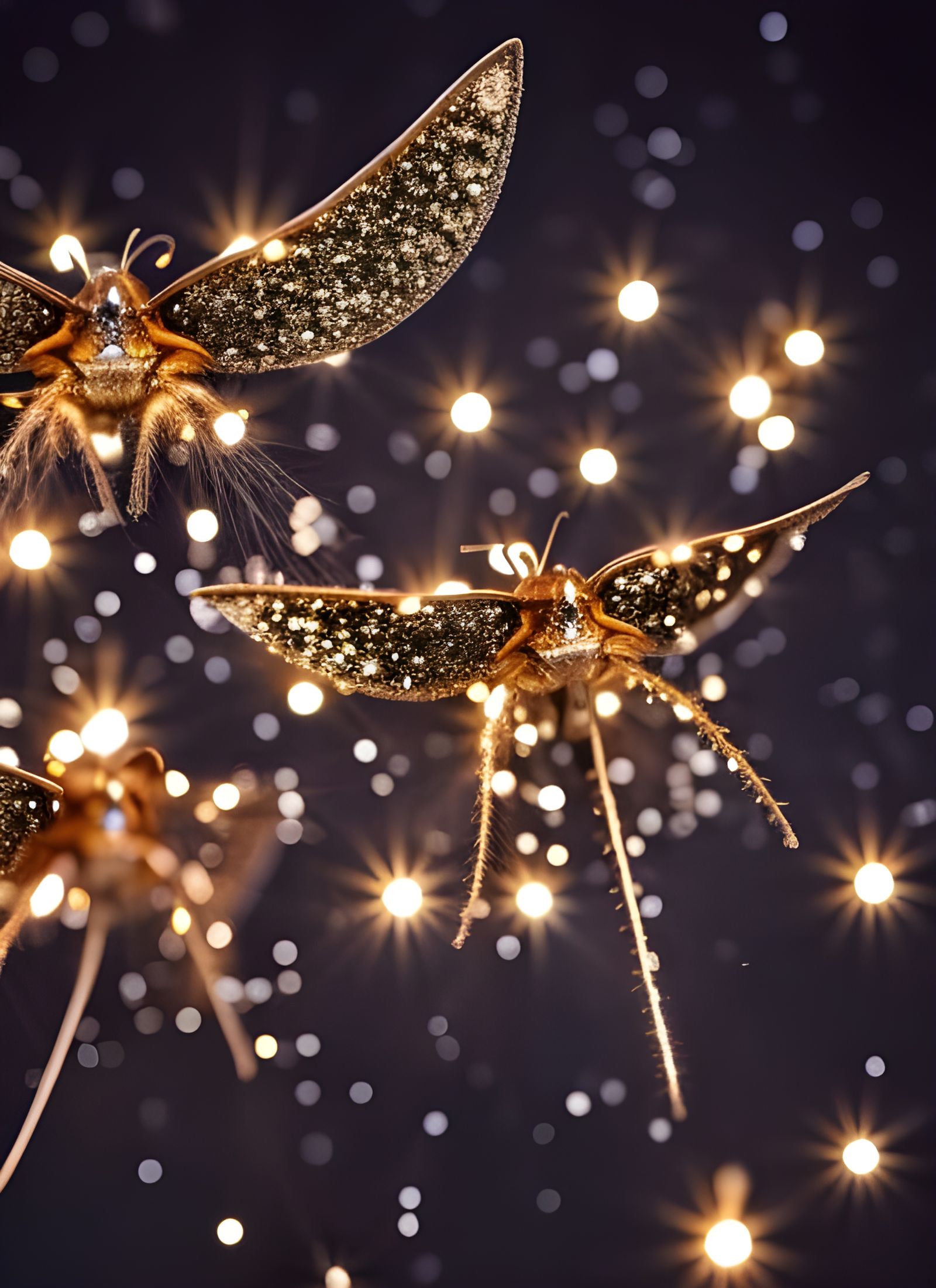 Sparkly Metallic mechanical moths with sparks and glitter shooting out of their eyes and ears flying ...  by @Dooboofay