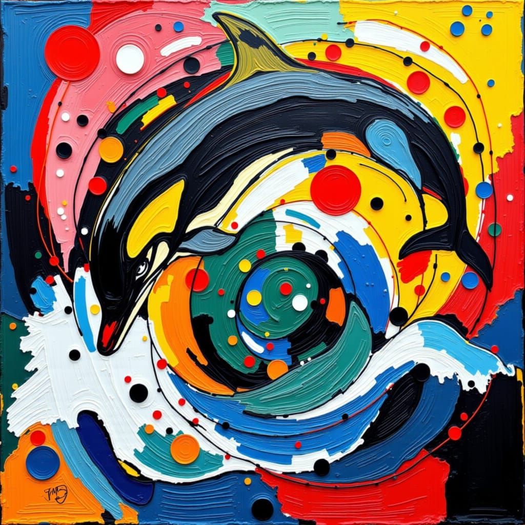 <lora:GazVibrantAbstract:1.0> A dolphin leaping over a cresting wave in the form of vibrantabstract