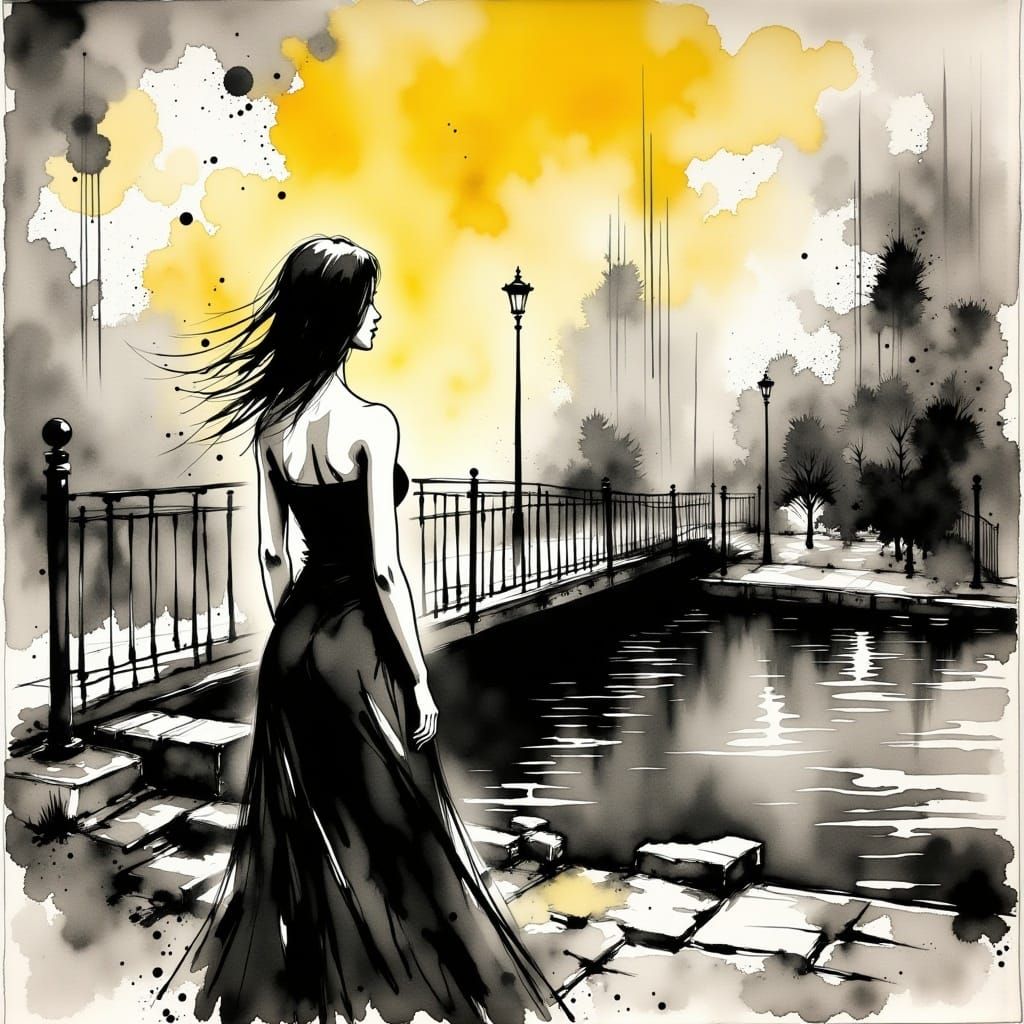 <lora:Charcoal Ink Fx:1.0> beautiful woman, dark hair, looking on top of the bridge looking at the river, black silver and yellow colors, ar...