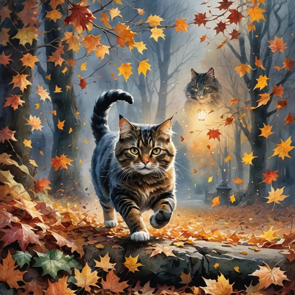 Beautiful bright watercolor painting. Cat pouncing in the autumn leaves piles. Dark background. Beautiful lighting