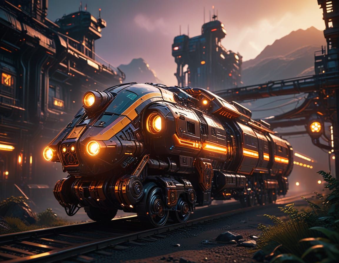 Cyberpunk Train Rides Through a Futuristic Cityscape in Neon...