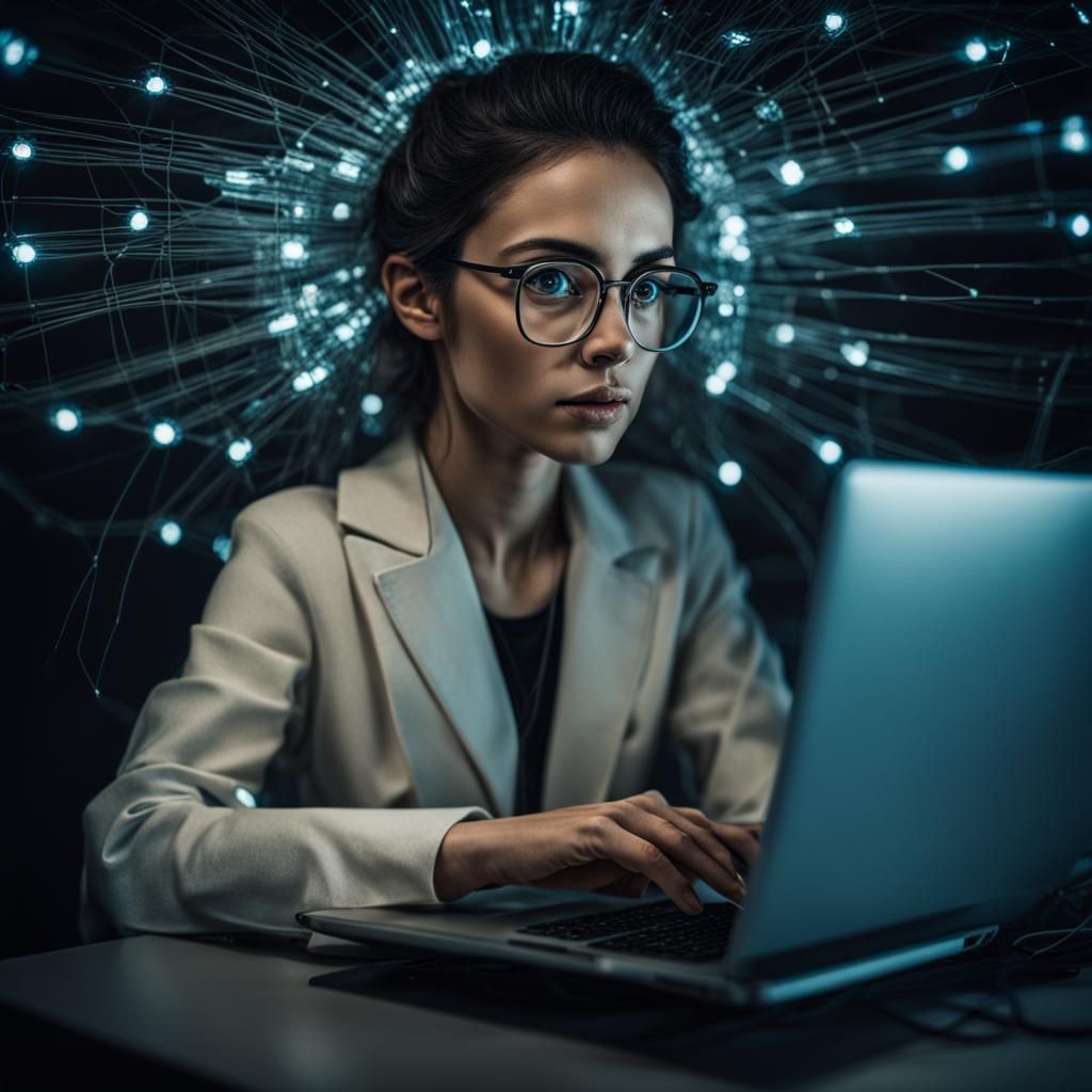 young woman with glasses, big eyes, programmer, laptop on th...