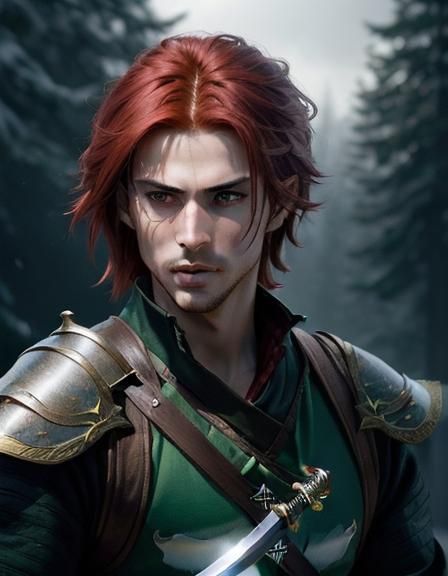 (Heroic male swordsman:1.5), red hair, fantasy, duelist, green eyes ...